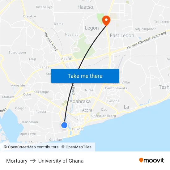 Mortuary to University of Ghana map
