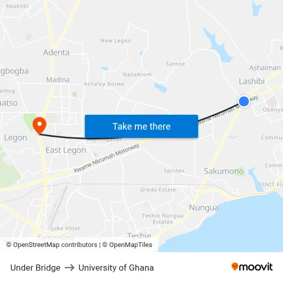 Under Bridge to University of Ghana map