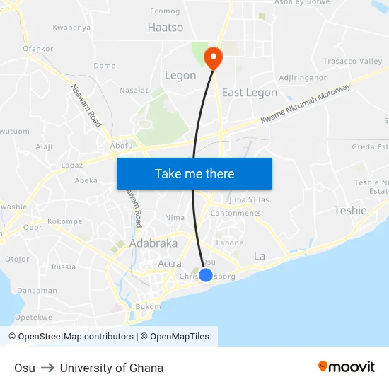 Osu to University of Ghana map
