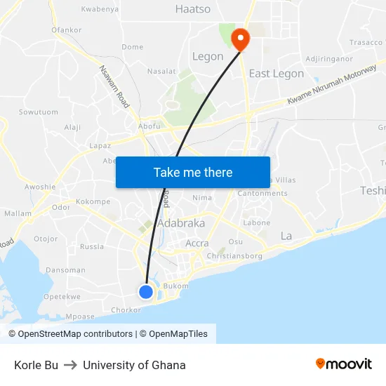 Korle Bu to University of Ghana map