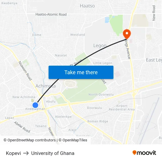 Kopevi to University of Ghana map