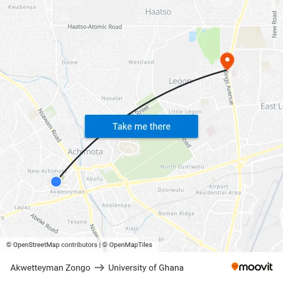 Akwetteyman Zongo to University of Ghana map