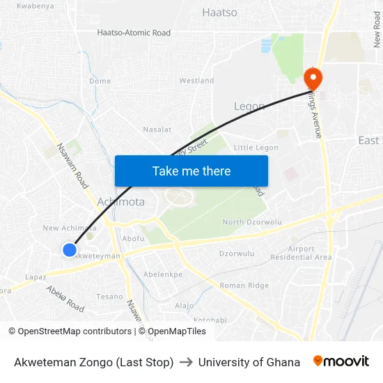 Akweteman Zongo (Last Stop) to University of Ghana map
