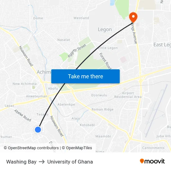 Washing Bay to University of Ghana map
