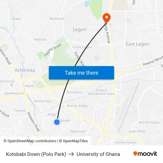 Kotobabi Down (Polo Park) to University of Ghana map