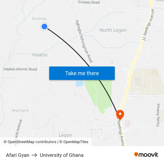 Afari Gyan to University of Ghana map