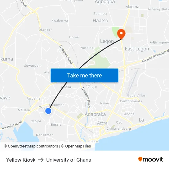 Yellow Kiosk to University of Ghana map