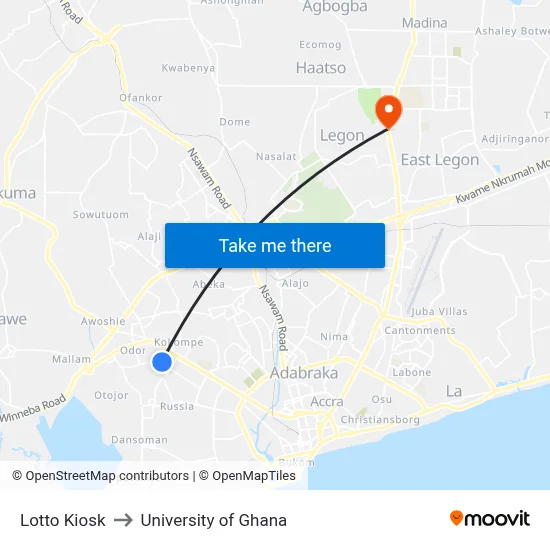 Lotto Kiosk to University of Ghana map