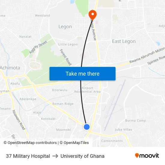 37 Military Hospital to University of Ghana map