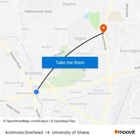 Achimota Overhead to University of Ghana map