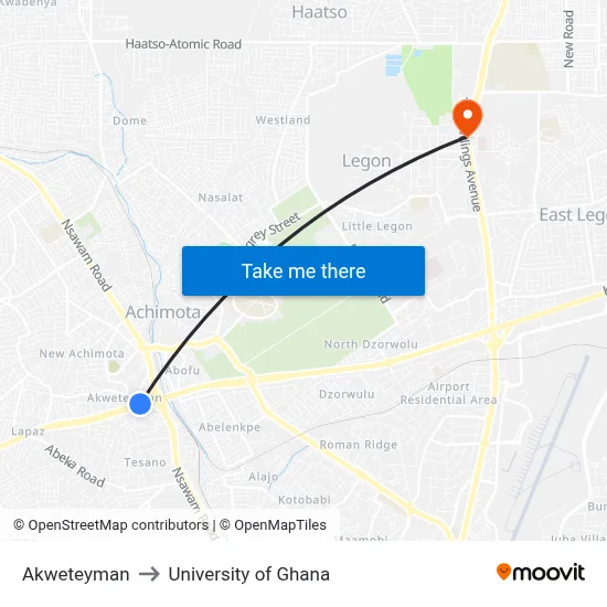Akweteyman to University of Ghana map