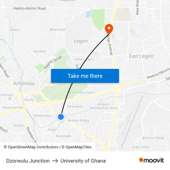 Dzorwulu Junction to University of Ghana map