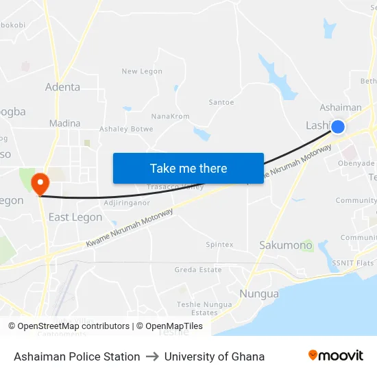 Ashaiman Police Station to University of Ghana map