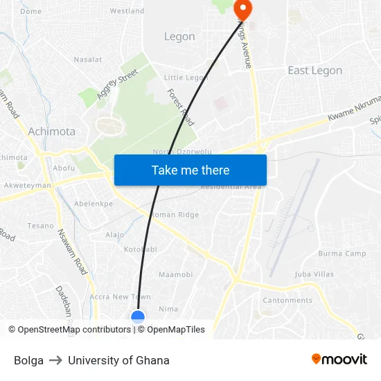 Bolga to University of Ghana map