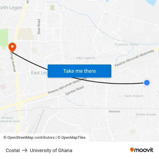 Costal to University of Ghana map
