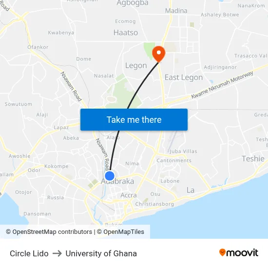 Circle Lido to University of Ghana map