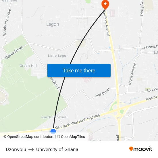 Dzorwolu to University of Ghana map