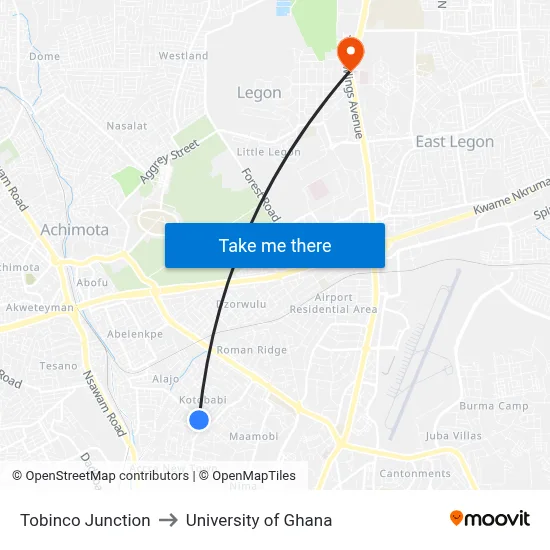 Tobinco Junction to University of Ghana map