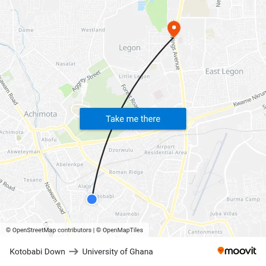 Kotobabi Down to University of Ghana map