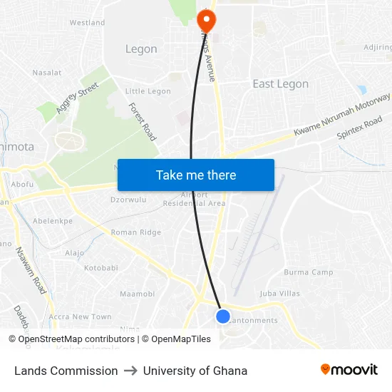 Lands Commission to University of Ghana map