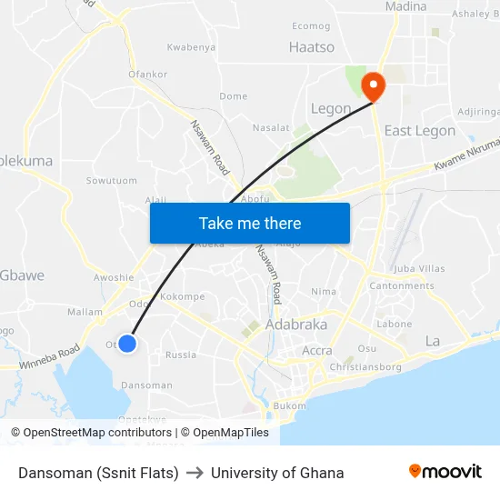 Dansoman (Ssnit Flats) to University of Ghana map