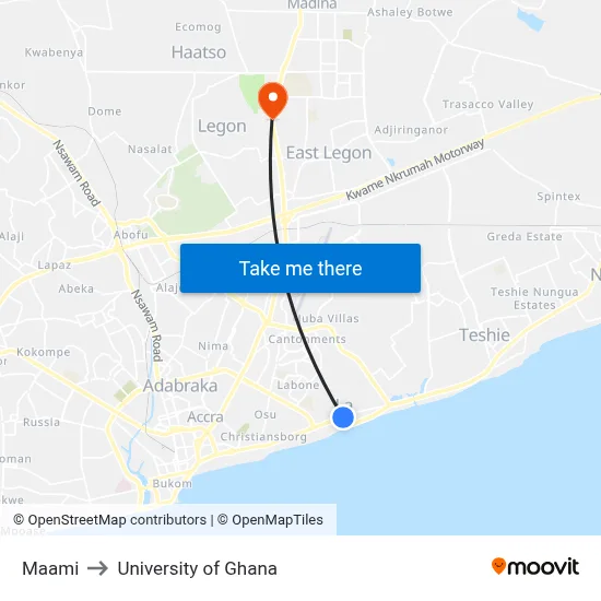Maami to University of Ghana map