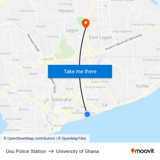 Osu Police Station to University of Ghana map