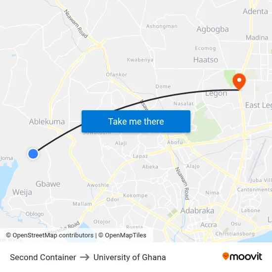 Second Container to University of Ghana map