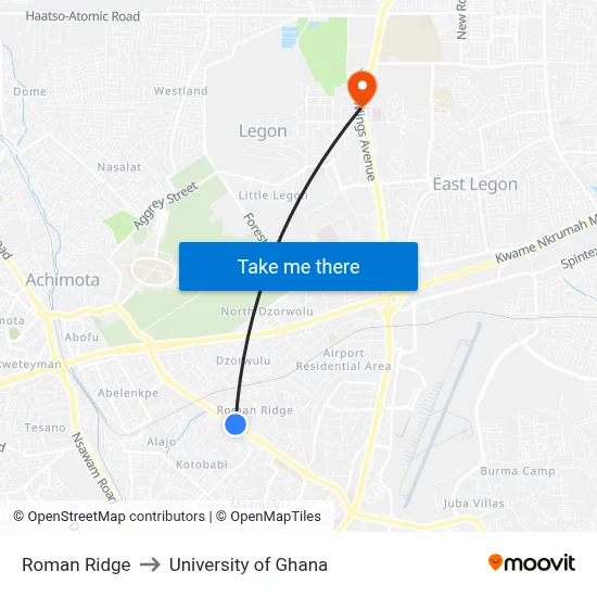 Roman Ridge to University of Ghana map
