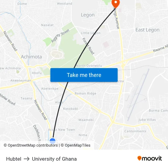 Hubtel to University of Ghana map