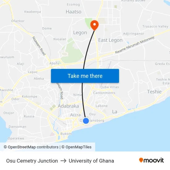 Osu Cemetry Junction to University of Ghana map