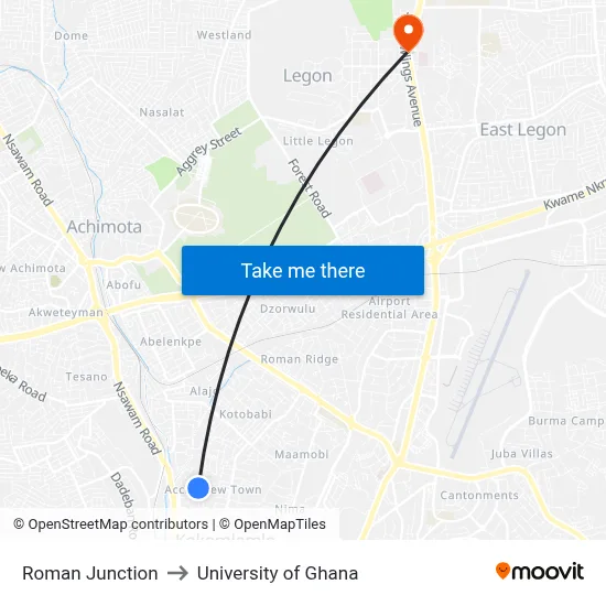 Roman Junction to University of Ghana map