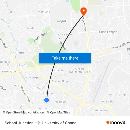 School Junction to University of Ghana map