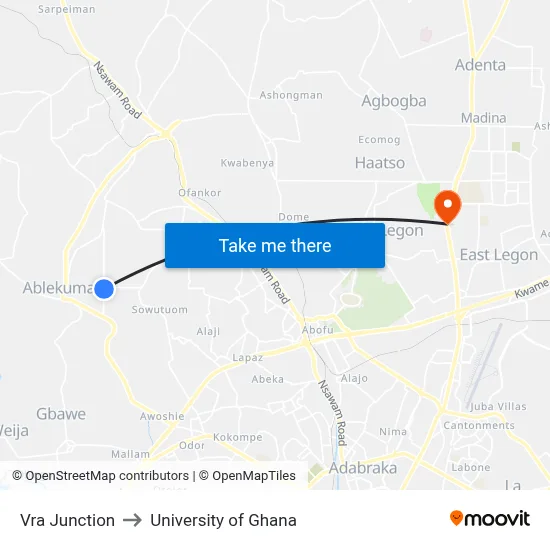Vra Junction to University of Ghana map