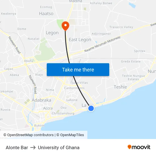 Alonte Bar to University of Ghana map