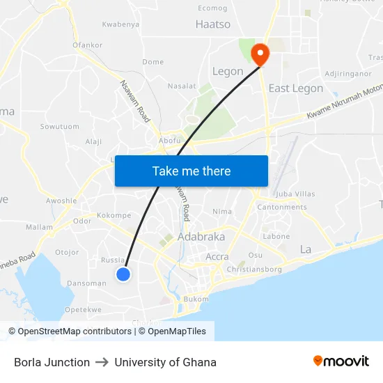 Borla Junction to University of Ghana map