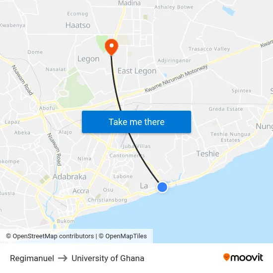 Regimanuel to University of Ghana map