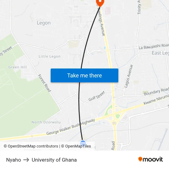 Nyaho to University of Ghana map