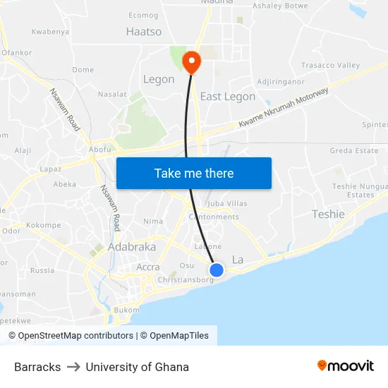Barracks to University of Ghana map