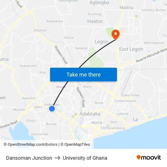 Dansoman Junction to University of Ghana map