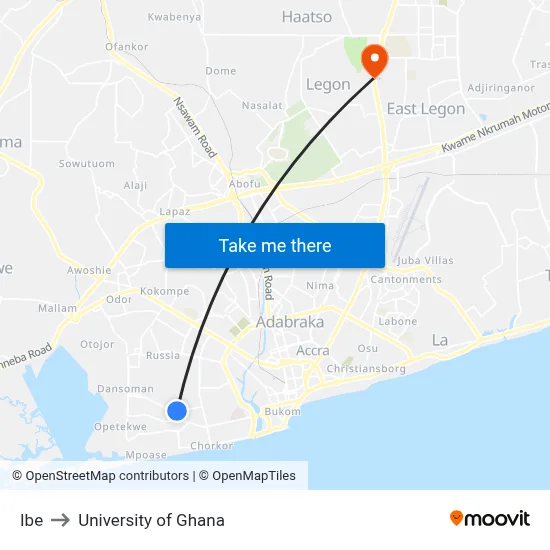 Ibe to University of Ghana map