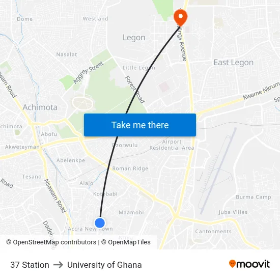 37 Station to University of Ghana map