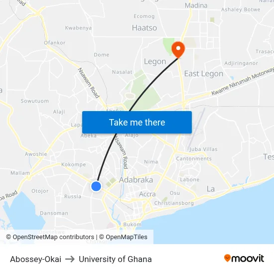 Abossey-Okai to University of Ghana map