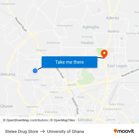 Stelee Drug Store to University of Ghana map