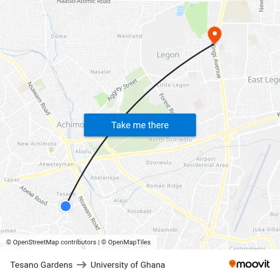 Tesano Gardens to University of Ghana map