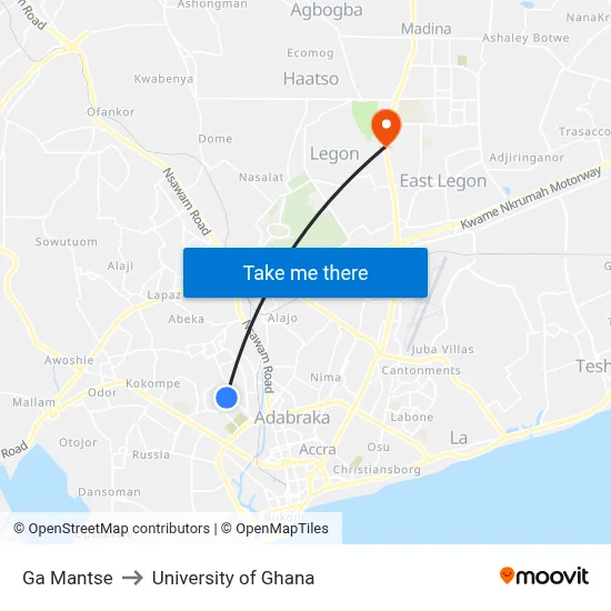Ga Mantse to University of Ghana map