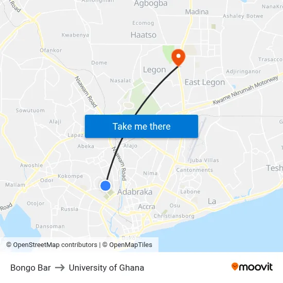 Bongo Bar to University of Ghana map