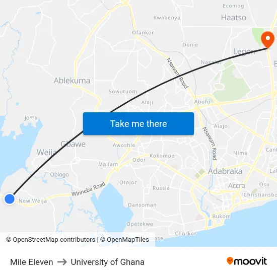 Mile Eleven to University of Ghana map