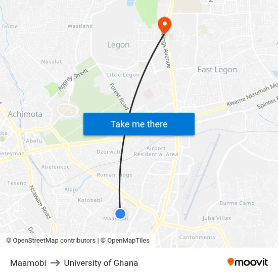 Maamobi to University of Ghana map