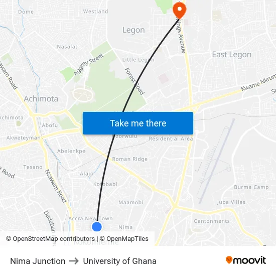 Nima Junction to University of Ghana map